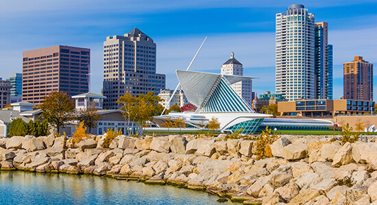 City skyline with modern waterfront architecture.