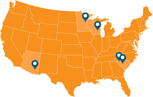 Orange US map with five blue location pins