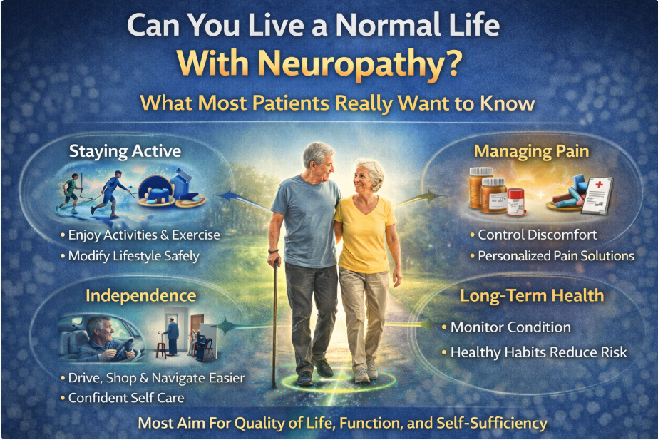 Seniors walking outdoors, promoting awareness of neuropathy and healthy living.