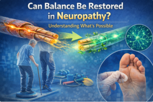 Illustration showing nerve regeneration and balance restoration in neuropathy.