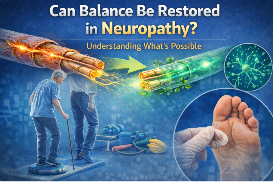 Illustration showing nerve regeneration and balance restoration in neuropathy.
