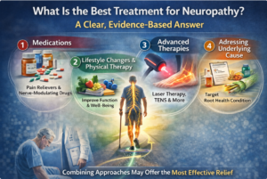 Infographic showing treatments for neuropathy including medications, lifestyle changes, and advanced therapies.