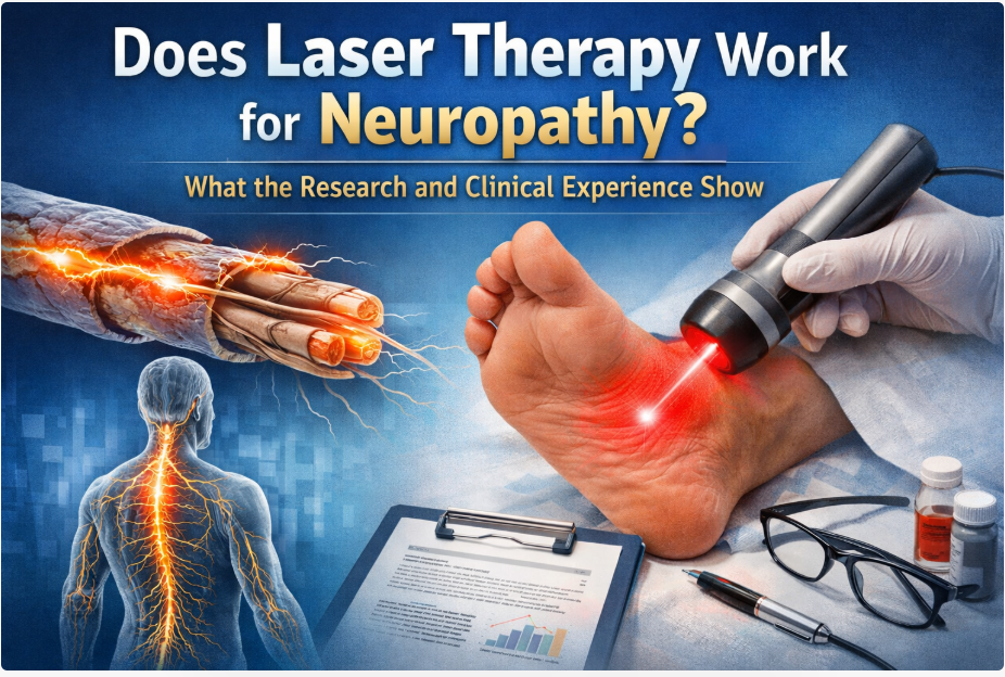 Laser therapy targeting neuropathy pain in feet with clinical research backing.