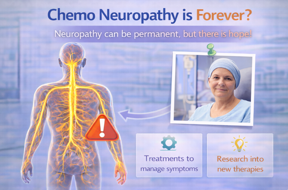 Illustration of nerve damage with a warning, highlighting chemo neuropathy and treatment options.