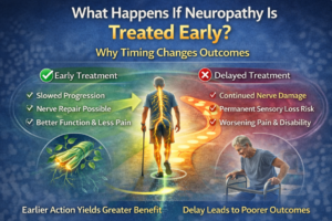 Diagram showing the effects of early vs delayed neuropathy treatment on nerve damage and recovery.