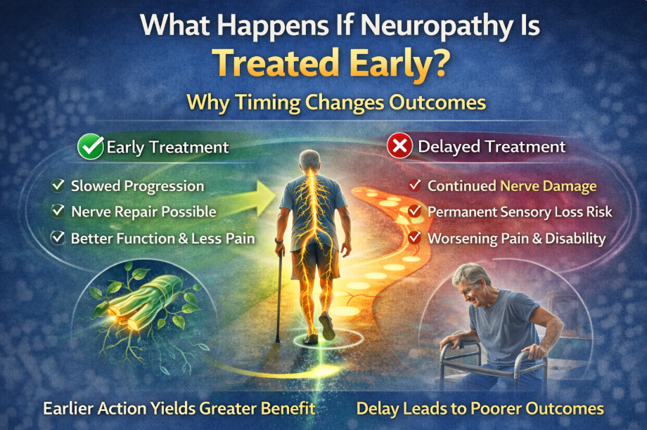 Diagram showing the effects of early vs delayed neuropathy treatment on nerve damage and recovery.