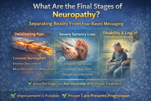 Infographic explaining the final stages of neuropathy with symptoms and treatment options.