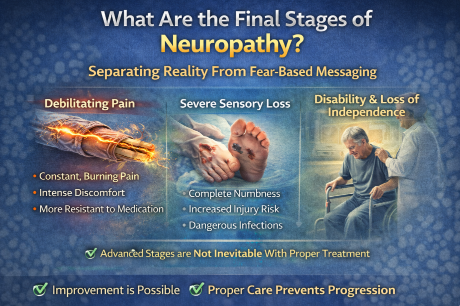 Infographic explaining the final stages of neuropathy with symptoms and treatment options.