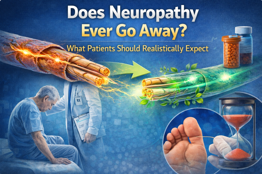 Illustration showing neuropathy symptoms and possible recovery.