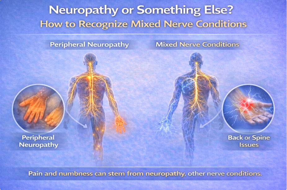 Diagram showing differences between peripheral neuropathy and mixed nerve conditions.