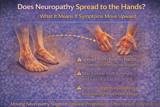 Diagram showing how neuropathy symptoms spread from feet to hands.