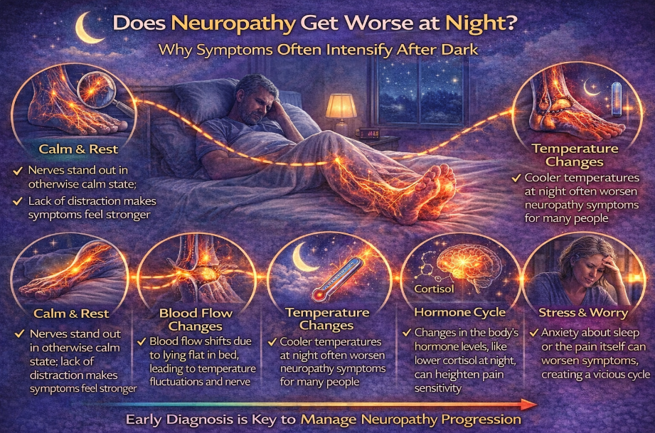 Infographic explaining why neuropathy symptoms worsen at night.