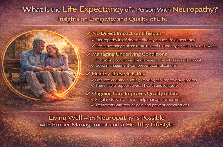 Infographic on life expectancy and quality of life with neuropathy management tips.