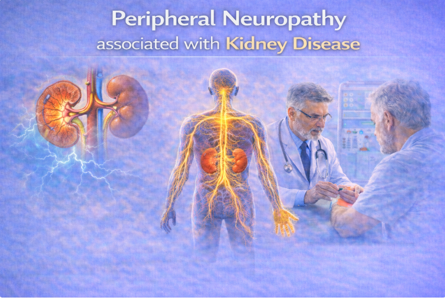 Illustration showing peripheral neuropathy linked to kidney disease with human body and kidneys.