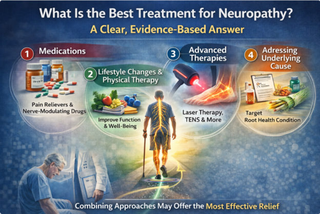 Infographic explaining treatments for neuropathy symptoms and causes.