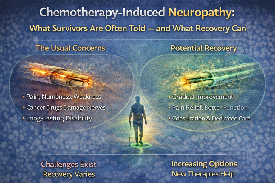 Infographic on chemotherapy-induced neuropathy, covering symptoms, concerns, and recovery.