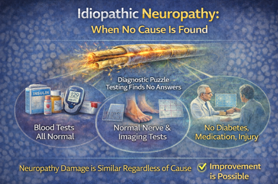 Infographic explaining idiopathic neuropathy and its diagnostic challenges.