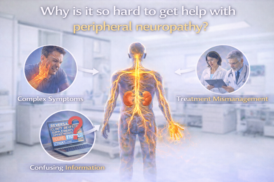 Visual highlighting peripheral neuropathy symptoms and treatment challenges.