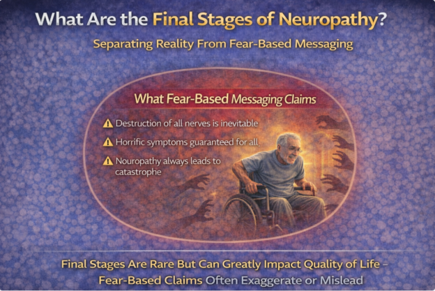 An elderly man sitting in a wheelchair with informative text about neuropathy and fear-based messaging.