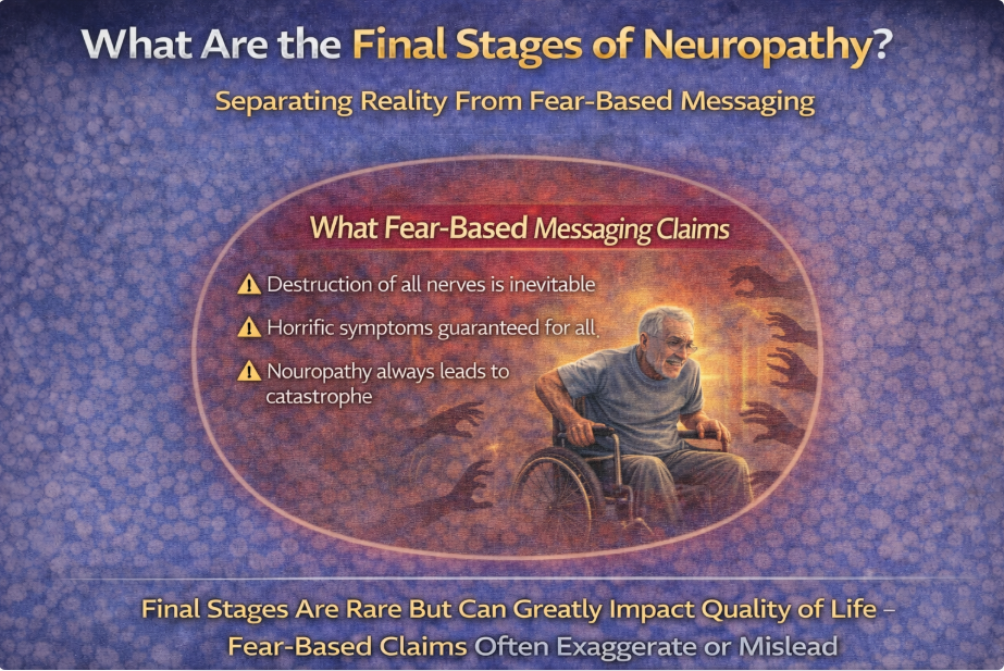 An elderly man sitting in a wheelchair with informative text about neuropathy and fear-based messaging.