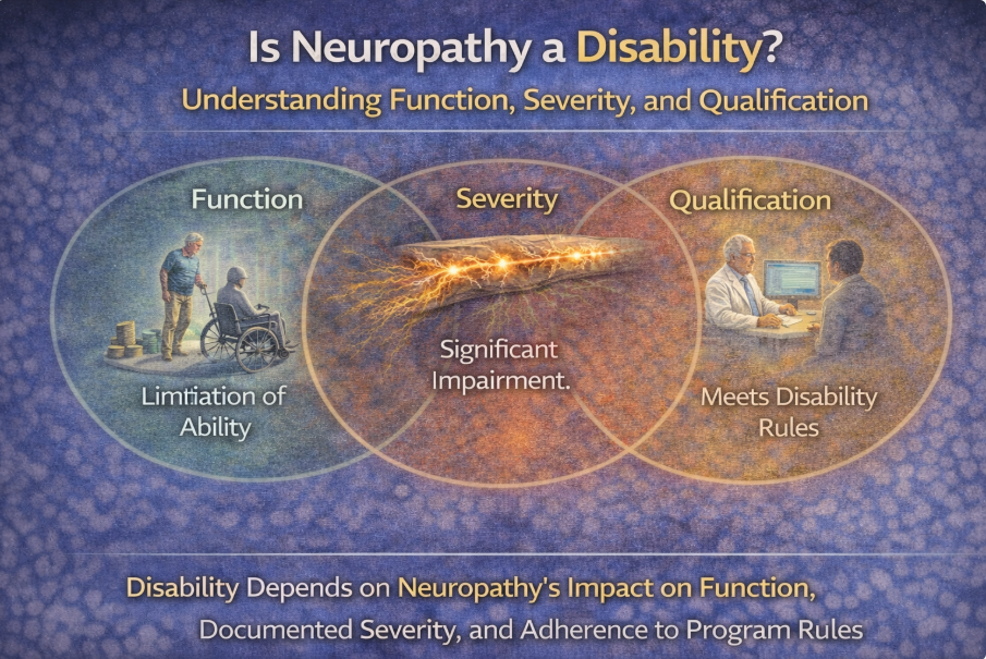 Infographic explaining neuropathy as a disability, focusing on function, severity, and qualification criteria.