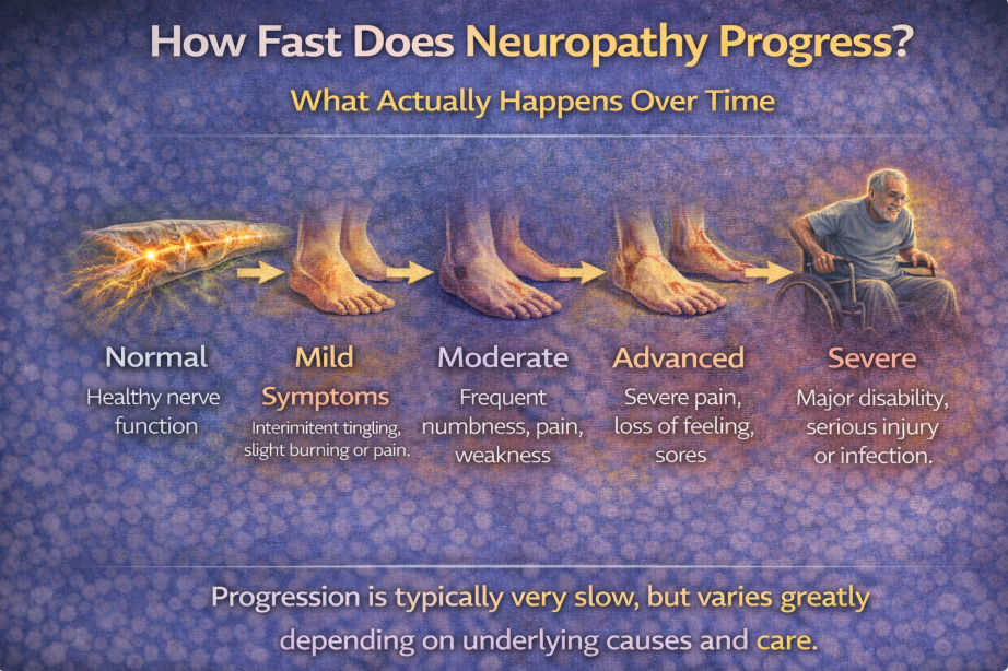 Illustration showing stages of neuropathy progression from normal to advanced over time.