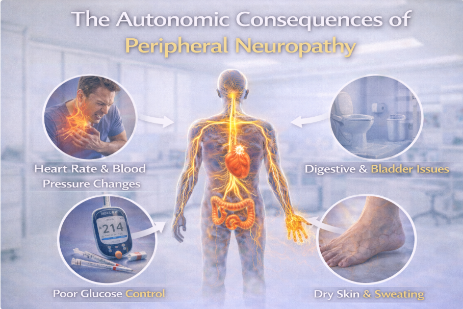 Diagram illustrating autonomic consequences of peripheral neuropathy on body functions.
