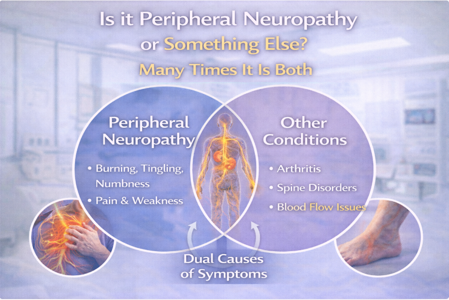 Infographic showing symptoms of peripheral neuropathy and other conditions with overlapping symptoms.