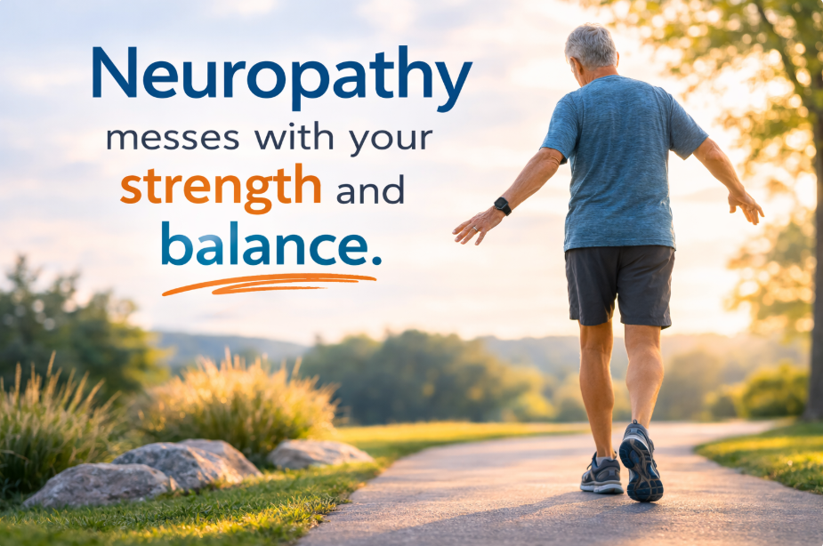 Man walking outdoors, promoting strength and balance for neuropathy.