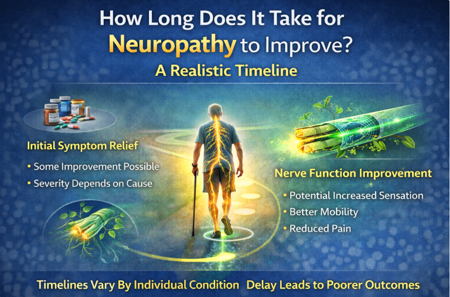 Timeline illustrating neuropathy improvement stages from symptom relief to nerve function.