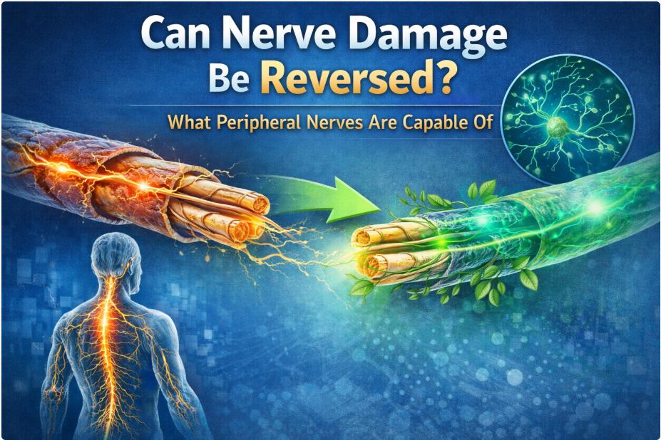 Illustration showing nerve damage and potential reversal in peripheral nerves.
