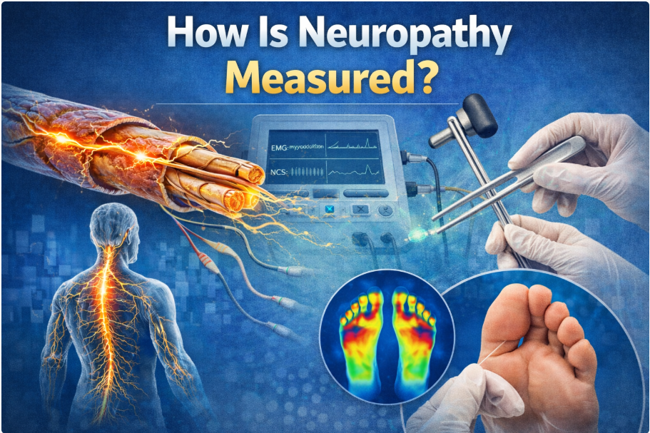 Medical tools measuring nerve function and foot sensitivity in neuropathy diagnosis.
