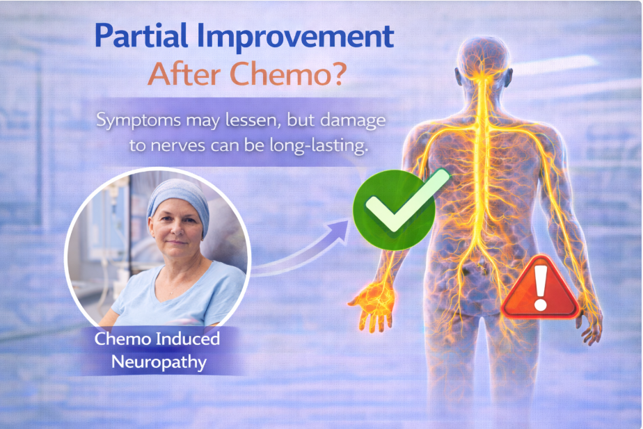 Infographic on partial improvement after chemotherapy, highlighting reduced symptoms but lasting nerve damage.