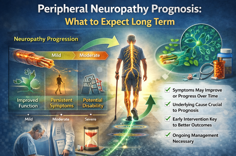 Illustration showing stages and symptoms of peripheral neuropathy progression.
