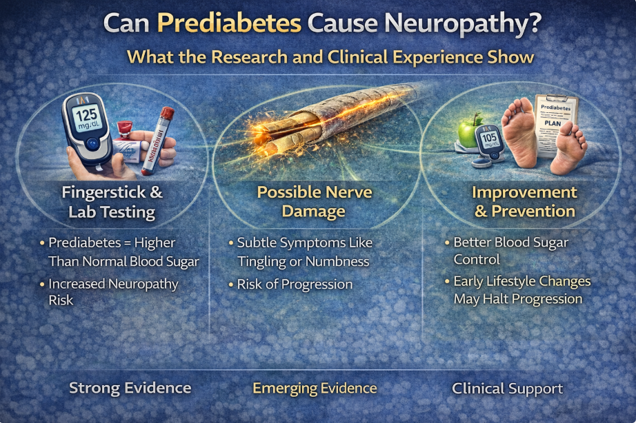 Infographic explaining how prediabetes can cause neuropathy with symptoms, testing, and treatment.
