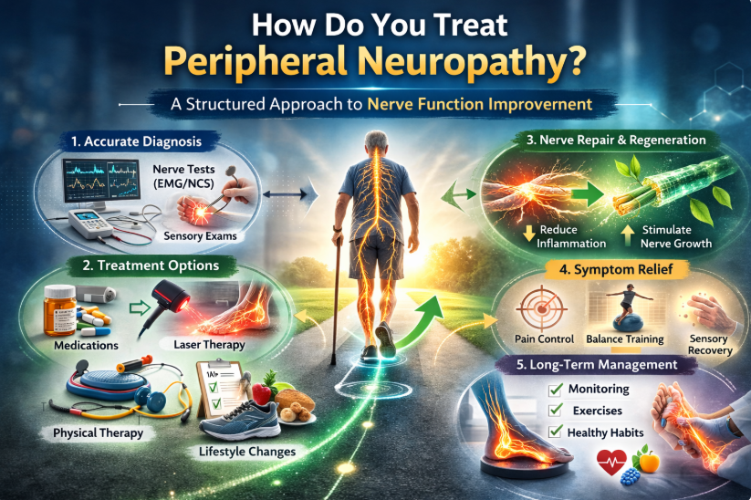 Infographic on treating peripheral neuropathy with diagnostics and treatment options.