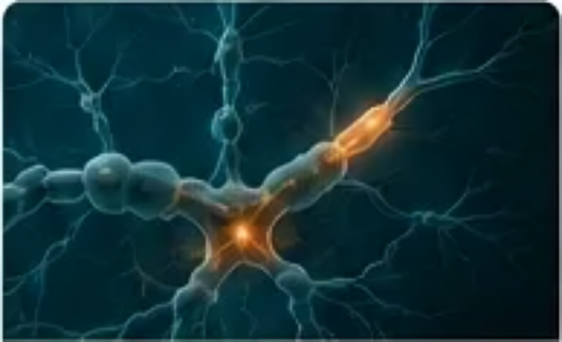 Illustration of neuron with glowing synapse