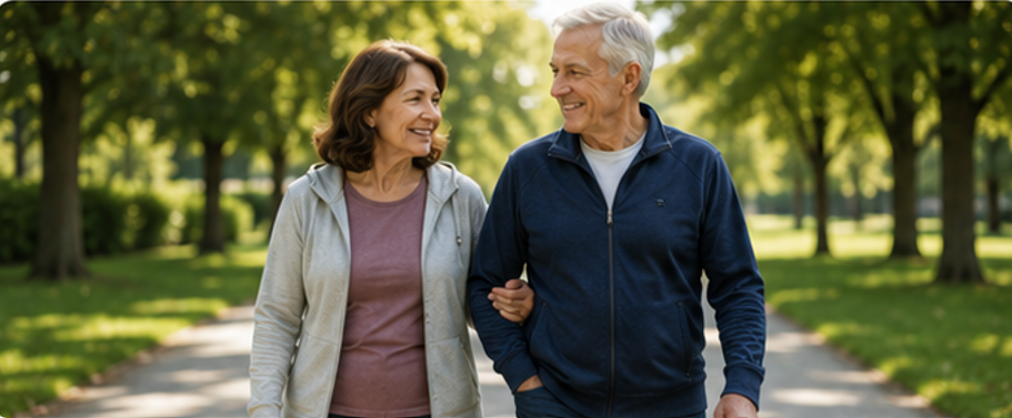 Senior couple walking arm-in-arm in park