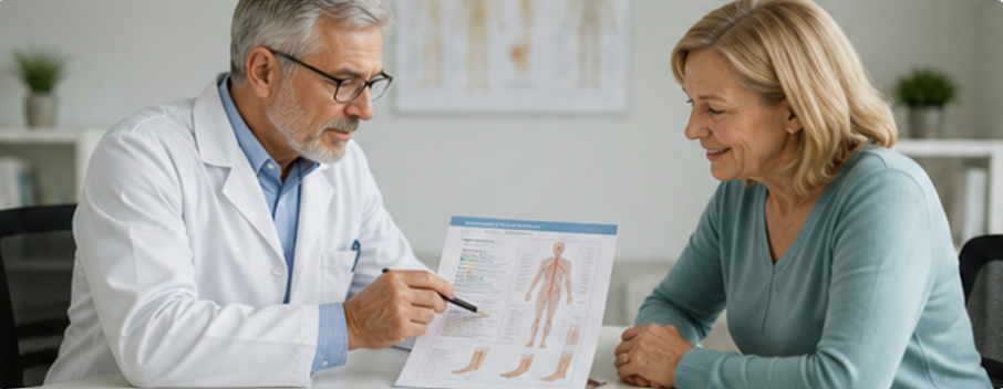 Doctor showing anatomical chart to smiling patient