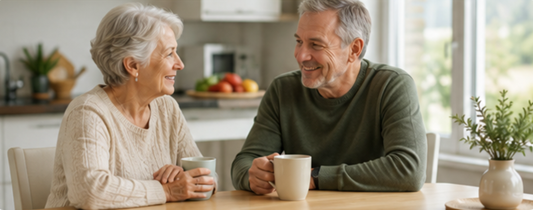 Senior couple smiling and drinking coffee