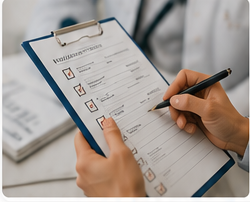 Person filling medical questionnaire on clipboard