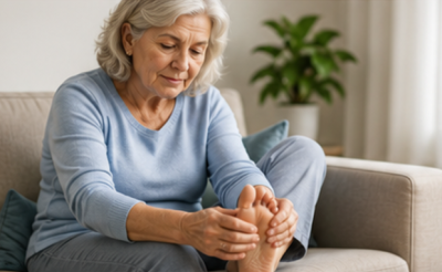 Senior woman massaging painful foot on couch