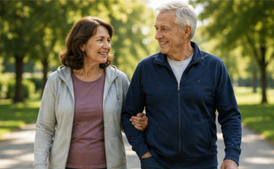 Senior couple walking arm-in-arm in park